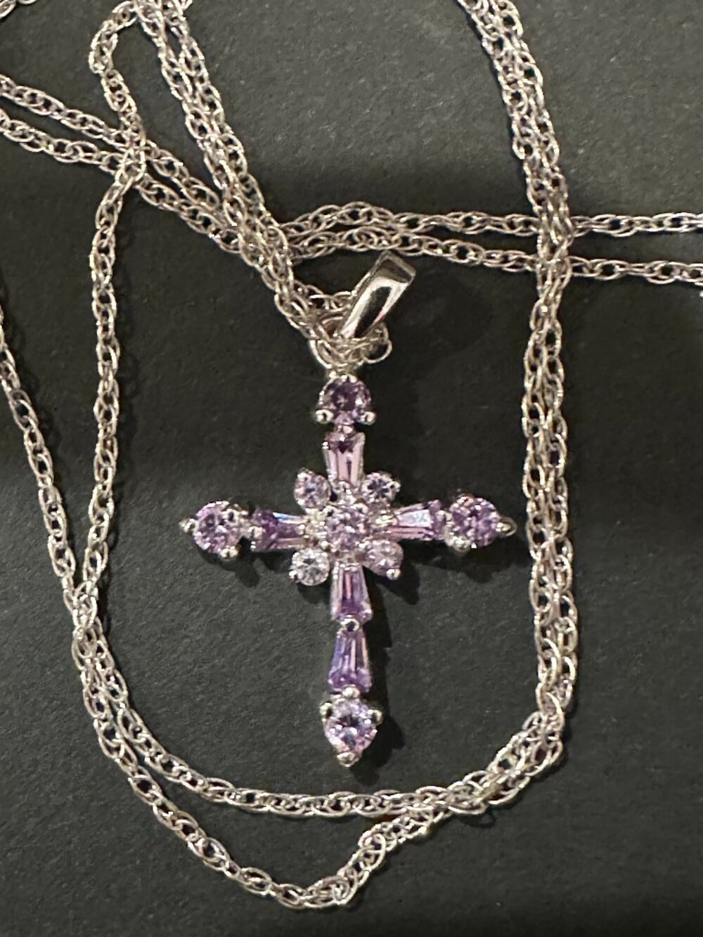 Sterling Silver Beautiful Cross with purple gem stones w/ delicate silver chain